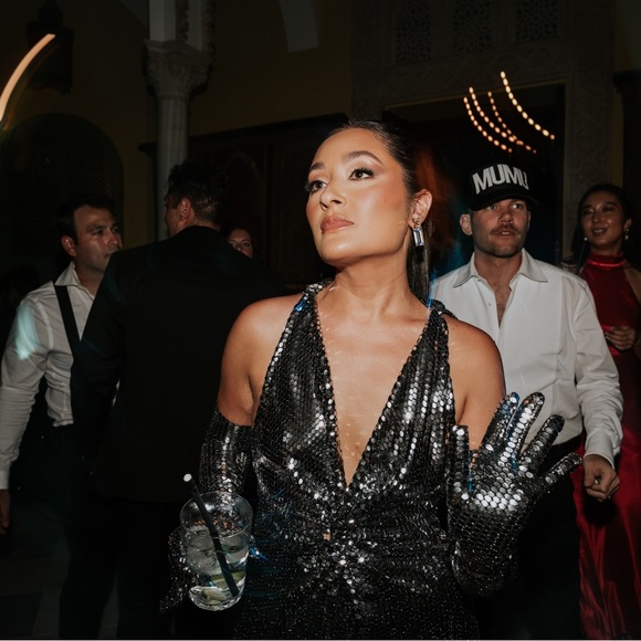 Custom embellished silver gown with gloves. Wore it for my after party. - Picture 1 of 4